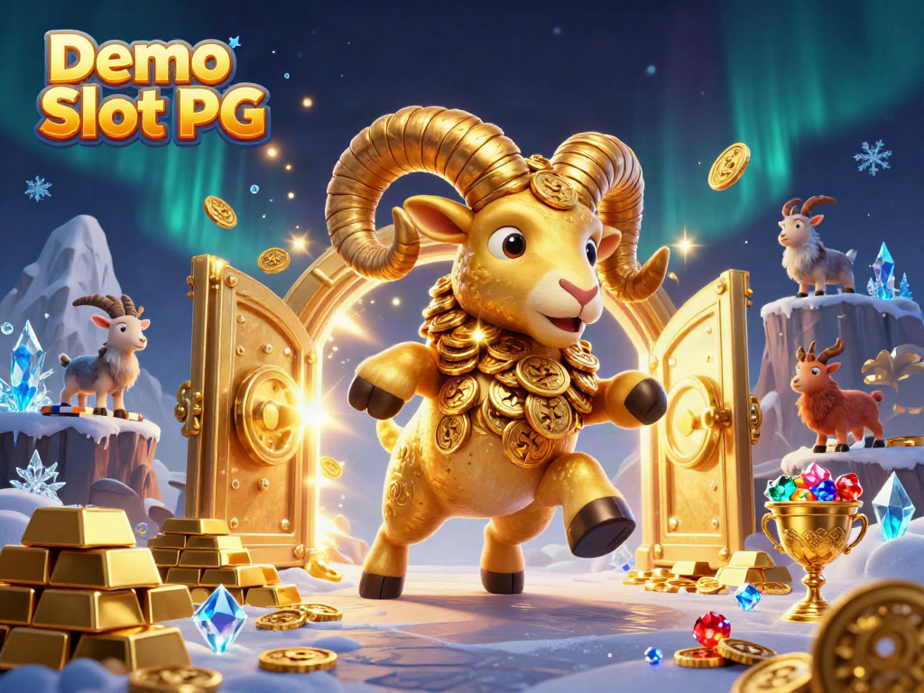 Experience Demo Slot PG with a vibrant golden ram charging through a treasure-filled scene, highlighting slot game excitement.