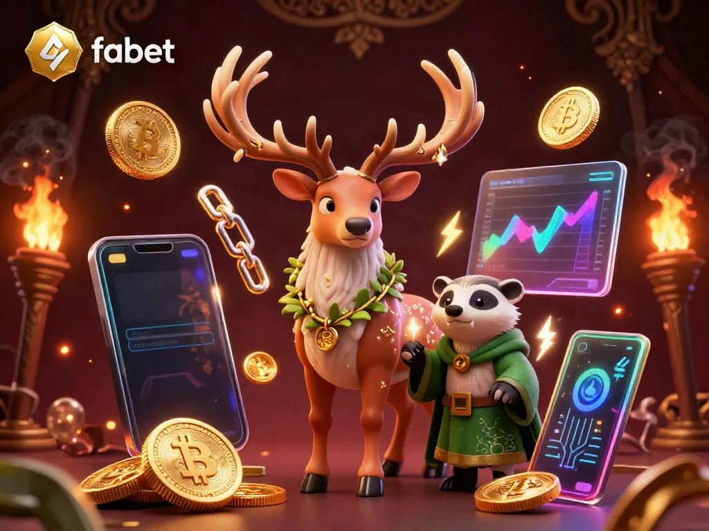 Experience the rich world of fabet's gaming with vibrant 3D graphics featuring mystical characters and cryptocurrency elements.