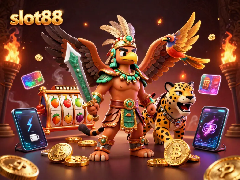 Experience the excitement of slot88 with Aztec warriors in a vibrant casino setting.