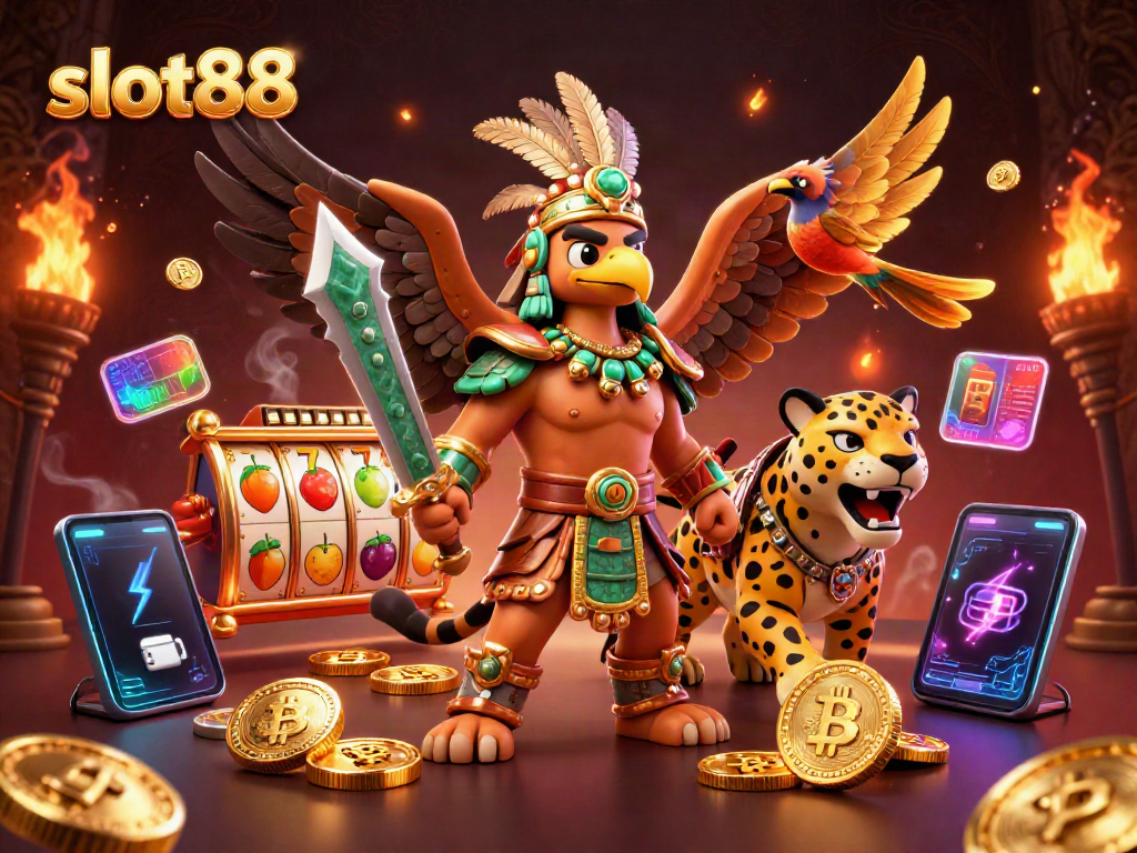 Experience the excitement of slot88 with Aztec warriors in a vibrant casino setting.