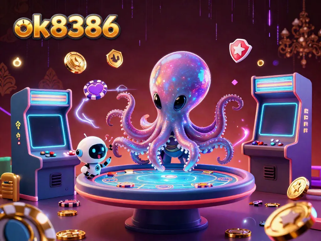 Engage with ok8386's vibrantly illustrated alien octopus at a holographic poker table amidst dynamic casino elements.