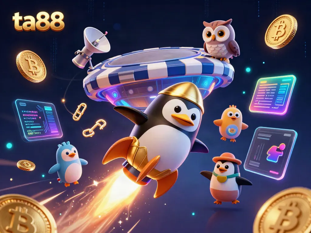 Engage with ta88's exciting games, featuring a golden penguin and neon crypto elements in space.