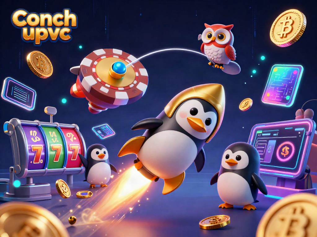 Experience thrilling Conch upvc gaming with a rocket-powered penguin at a casino space station.