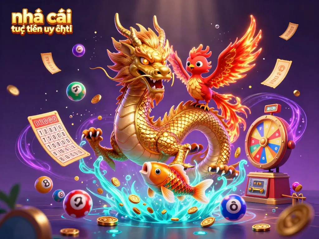 Engaging scene showing nhà cái trực tuyến uy tín with a golden dragon, fiery phoenix, and koi fish among lottery elements.