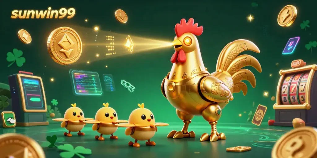 Immerse in the action as sunwin99's golden rooster robot dazzles with crypto-themed elements in a casino setting.