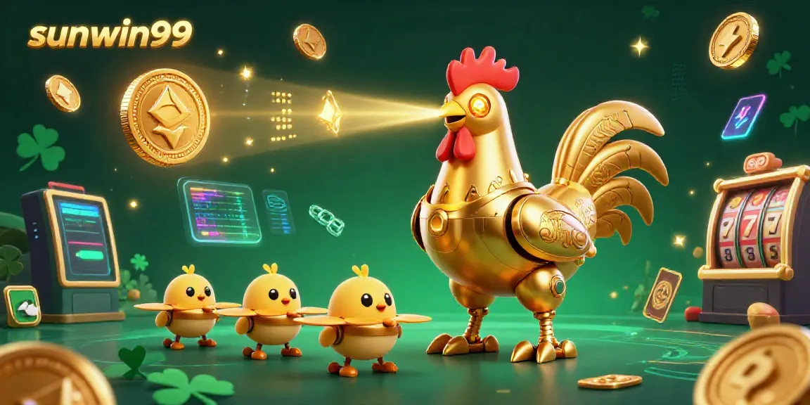 Immerse in the action as sunwin99's golden rooster robot dazzles with crypto-themed elements in a casino setting.