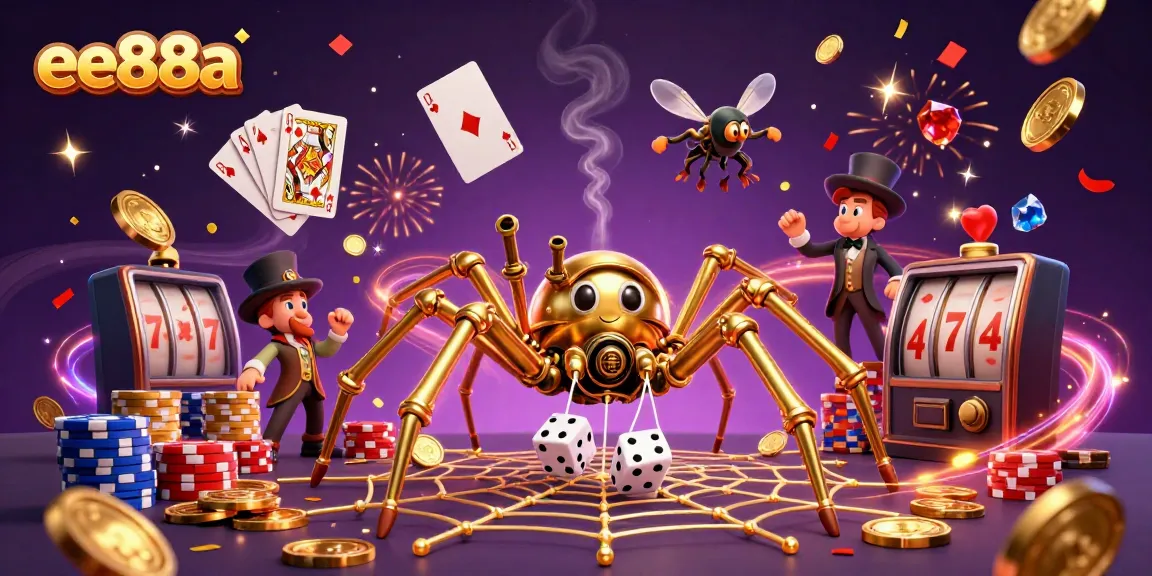 Engage with ee88a's thrilling world of online gambling, featuring a whimsical steampunk spider and casino elements.