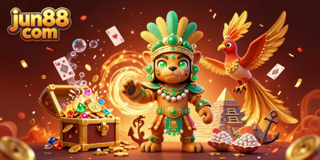Experience gaming thrills with jun88 com and vibrant casino imagery, including treasure and cards.