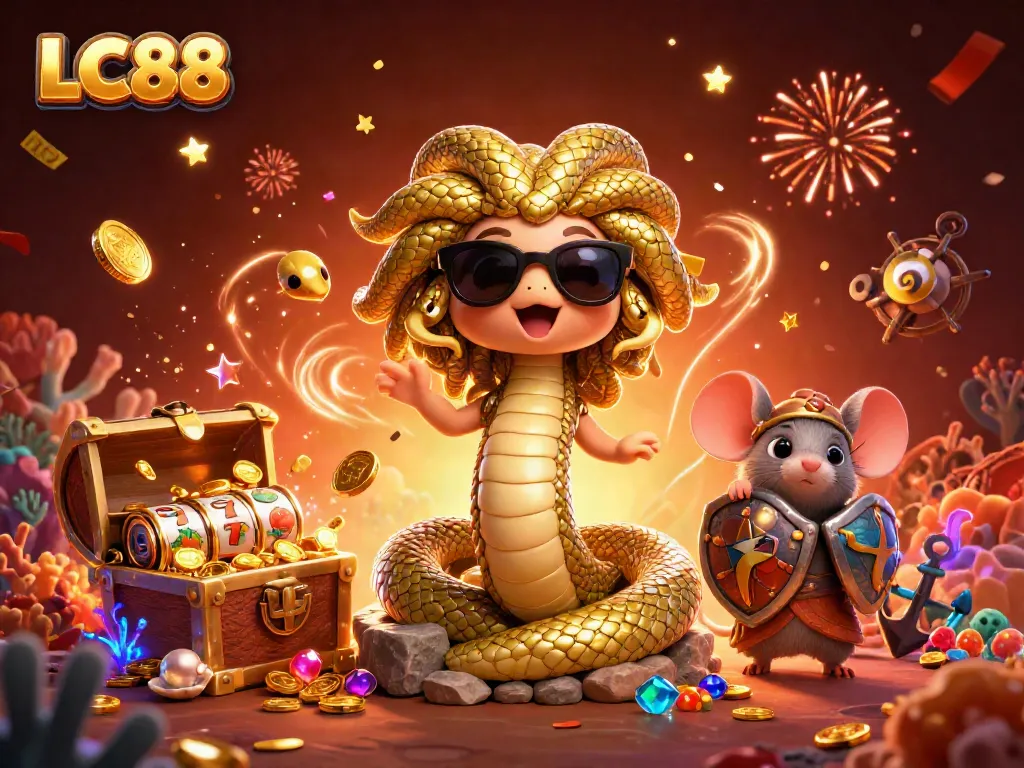 Join the excitement at LC88 with cute Medusa and a warrior mouse amidst thrilling slot machines and gold!