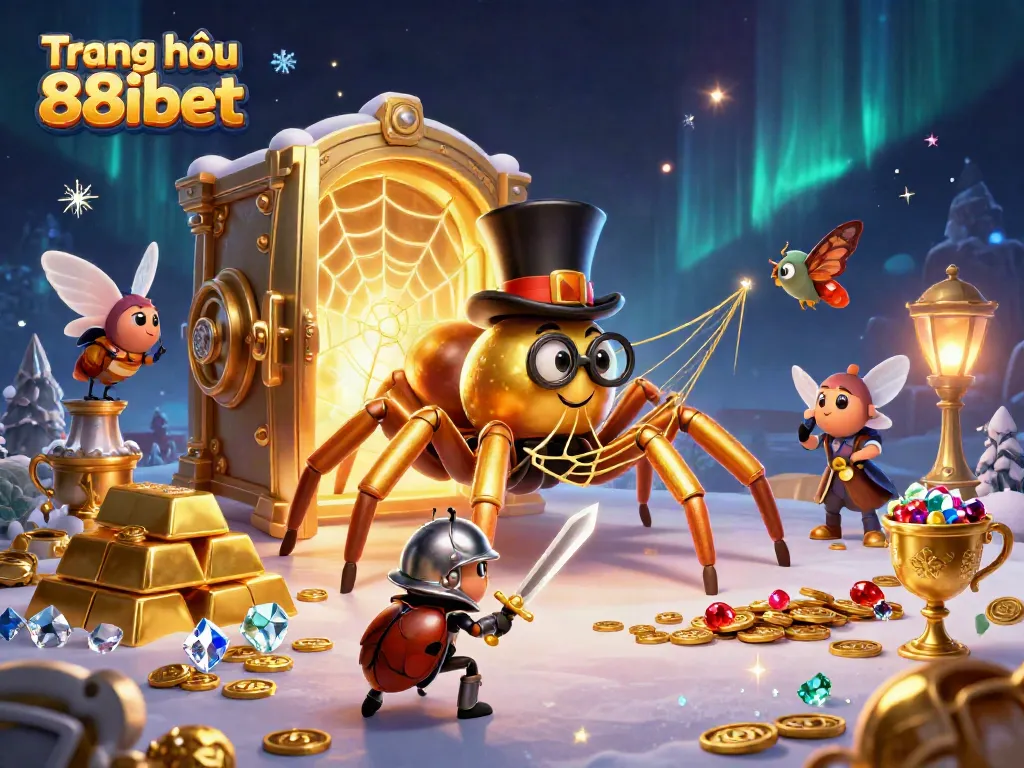 Engage at Trang chủ 88ibet, featuring a colorful 3D scene of a golden tarantula and beetle knight amidst casino treasures.