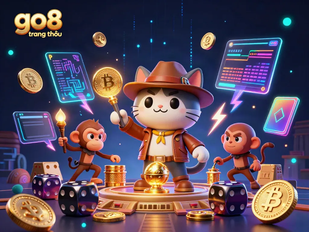 Engage with the vibrant world of Go8 trang chủ where a cat archaeologist uncovers a casino artifact amidst neon cityscapes.
