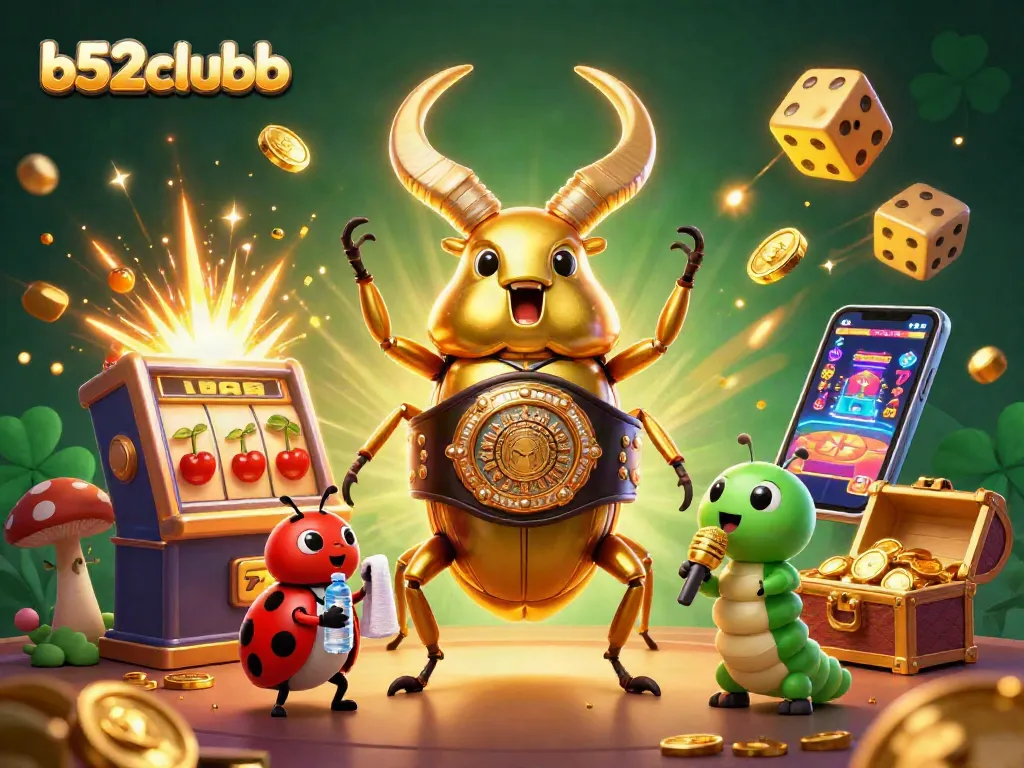 B52clubb scene depicting a golden stag beetle champion in a casino environment with festive gaming elements.