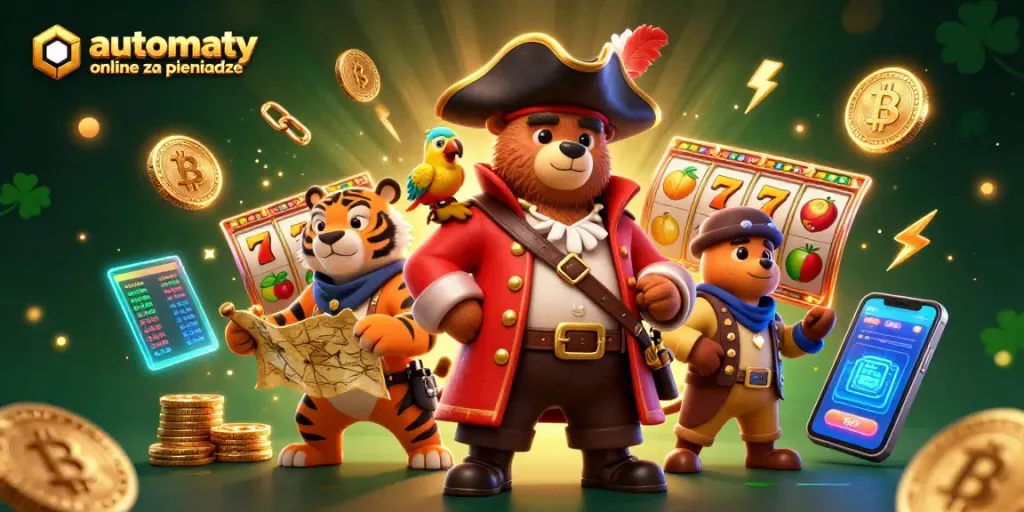 Play automaty online za pieniadze with a fun casino-inspired scene featuring colorful slot elements and pirate characters.