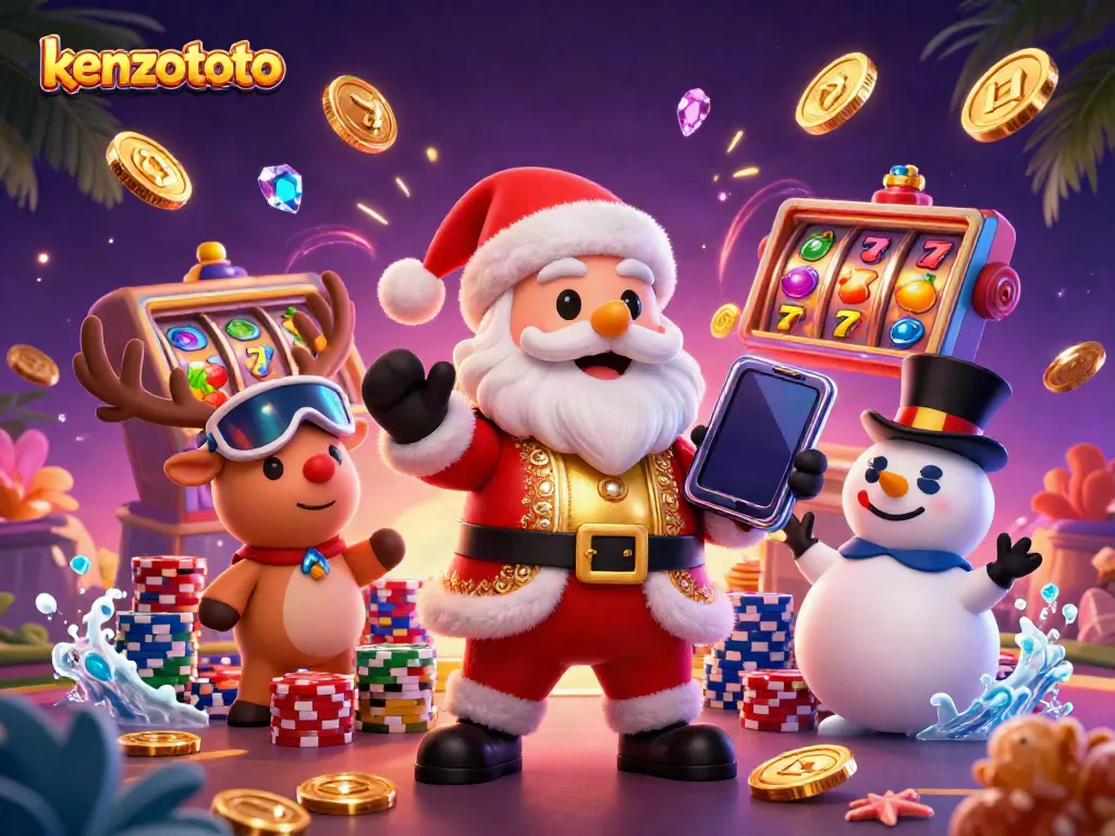 Experience excitement at kenzototo with Santa and friends in a dazzling casino scene of jackpot slots.
