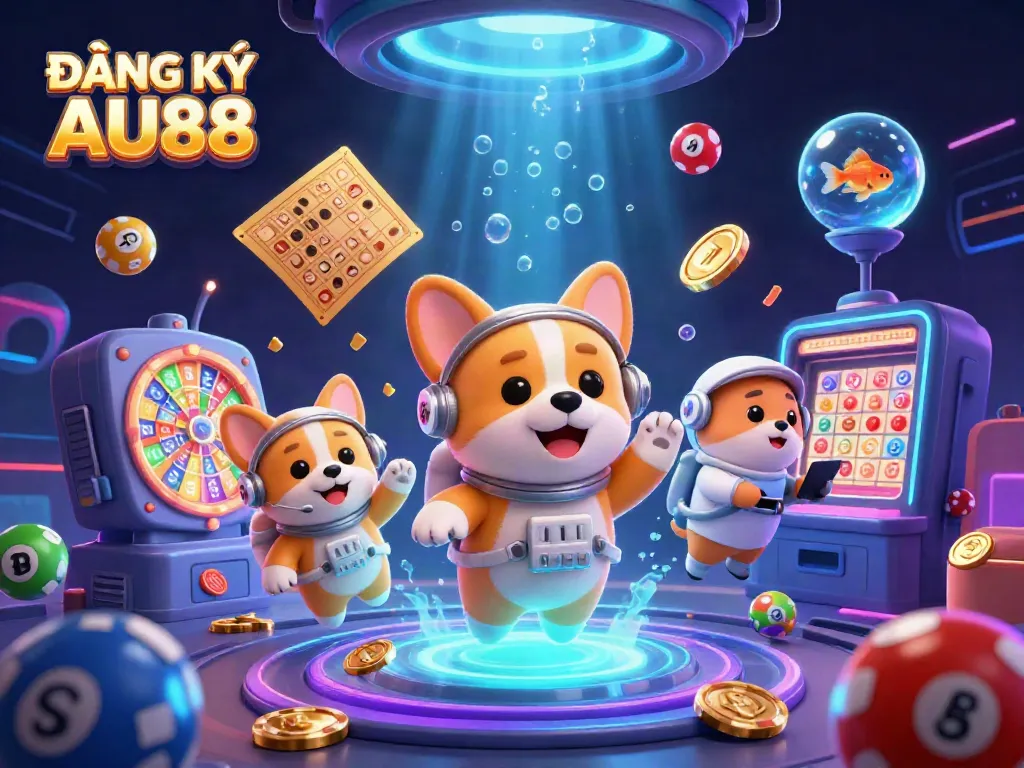 Experience ĐĂNG KÝ AU88 with a vibrant 3D illustration of cosmic casino fun and floating characters.
