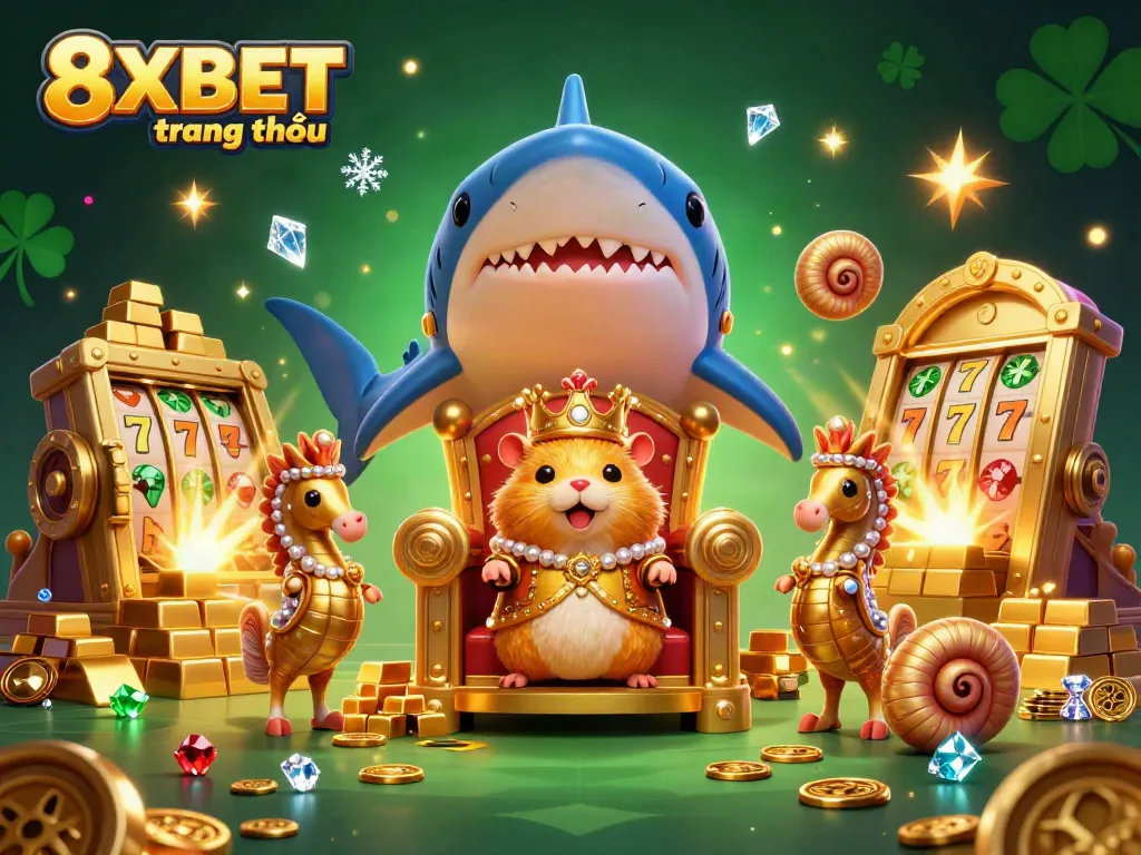 Experience the thrilling world of 8XBET trang chủ with a golden hamster king and treasures in a vibrant casino scene.