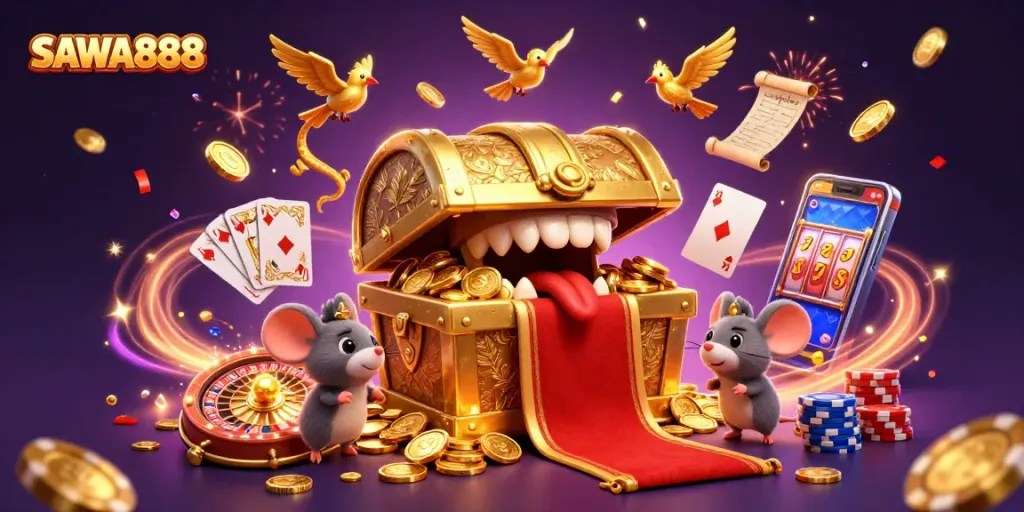 Spin and win at SAWA888 with the captivating treasure chest and dazzling casino elements!