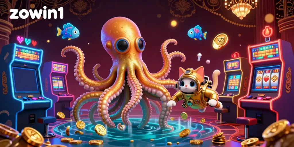 Engage in thrilling gameplay at zowin1 with a vibrant kraken and diving cat in a casino setting.