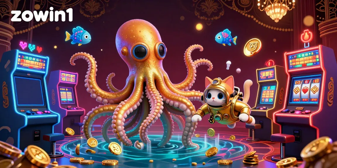 Engage in thrilling gameplay at zowin1 with a vibrant kraken and diving cat in a casino setting.
