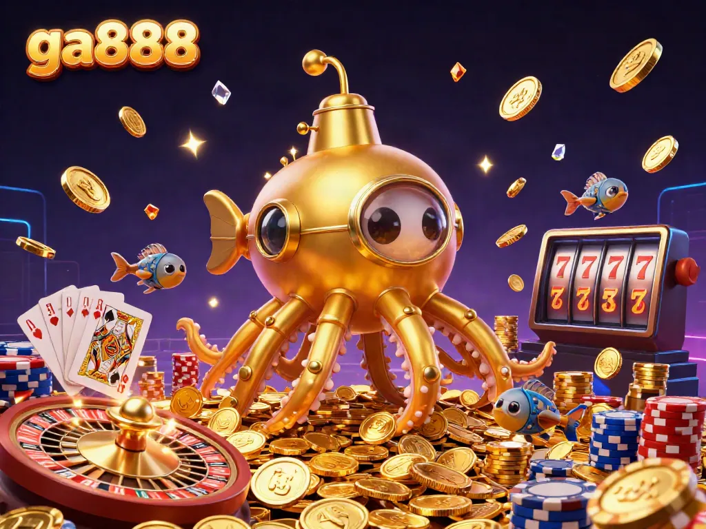 Experience the thrill of ga888 gaming with an engaging casino scene featuring golden kraken and dynamic elements.