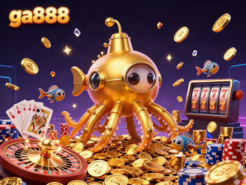 Experience the thrill of ga888 gaming with an engaging casino scene featuring golden kraken and dynamic elements.