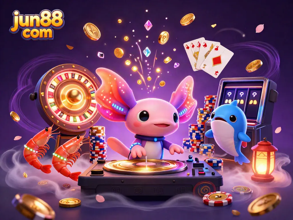 Experience the vibrant underwater casino scene at jun88 com, featuring a neon axolotl DJ and dynamic game elements.