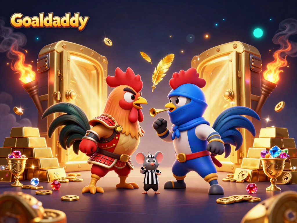 Experience sports excitement on Goaldaddy with cartoon roosters in a dynamic standoff amidst treasures.