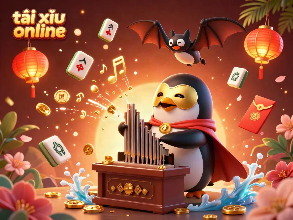 Experience the excitement of tài xỉu online with an engaging 3D scene featuring vibrant characters and festive game elements.