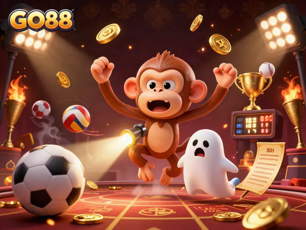 Engaging GO88 casino action featuring a playful ghost and puppy tracking golden treasures.