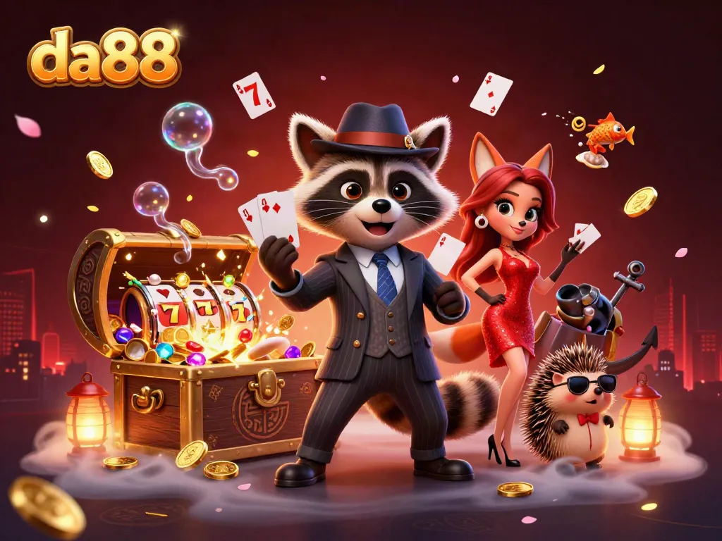Engage with da88 in a vibrant casino scene featuring a suave raccoon holding a royal flush alongside stunning characters and games.