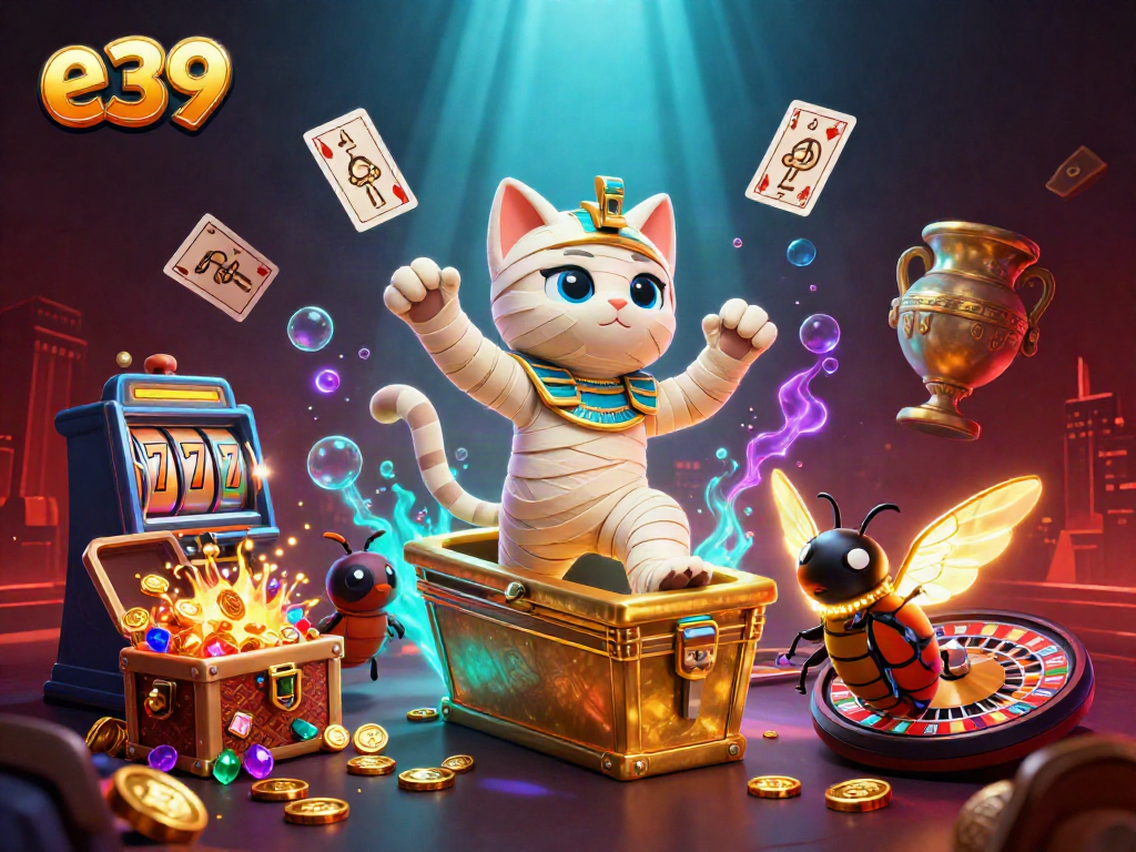 Experience thrilling e39 gameplay with a cartoon mummy cat and golden treasures in a vibrant casino.