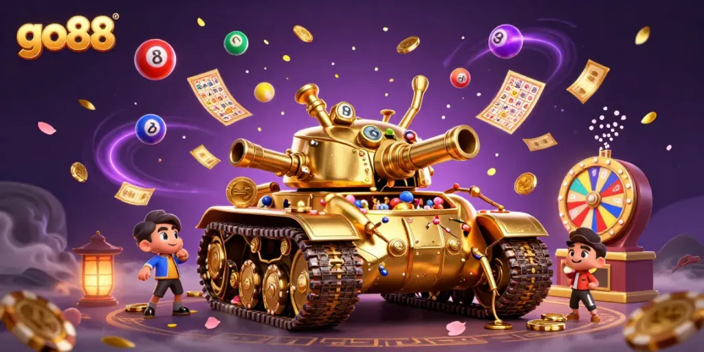 Playgo88 in a vibrant casino world bursting with colorful excitement and thrilling lottery elements.