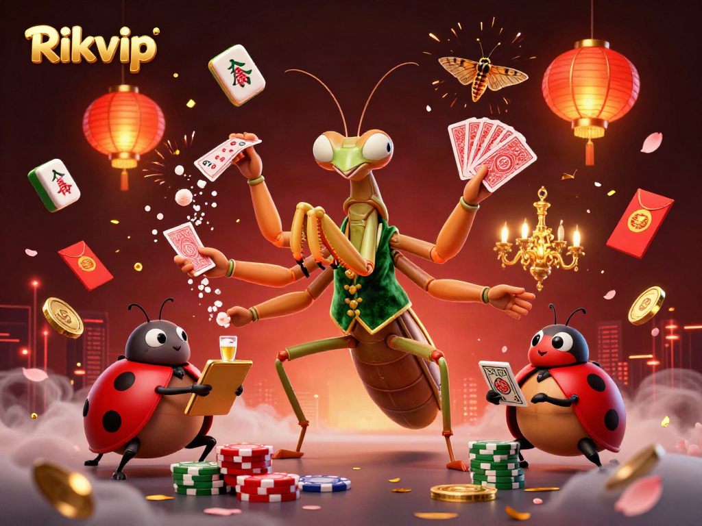 Rikvip illustration with a giant praying mantis card sharp, a ladybug pit boss, and dynamic gambling elements
