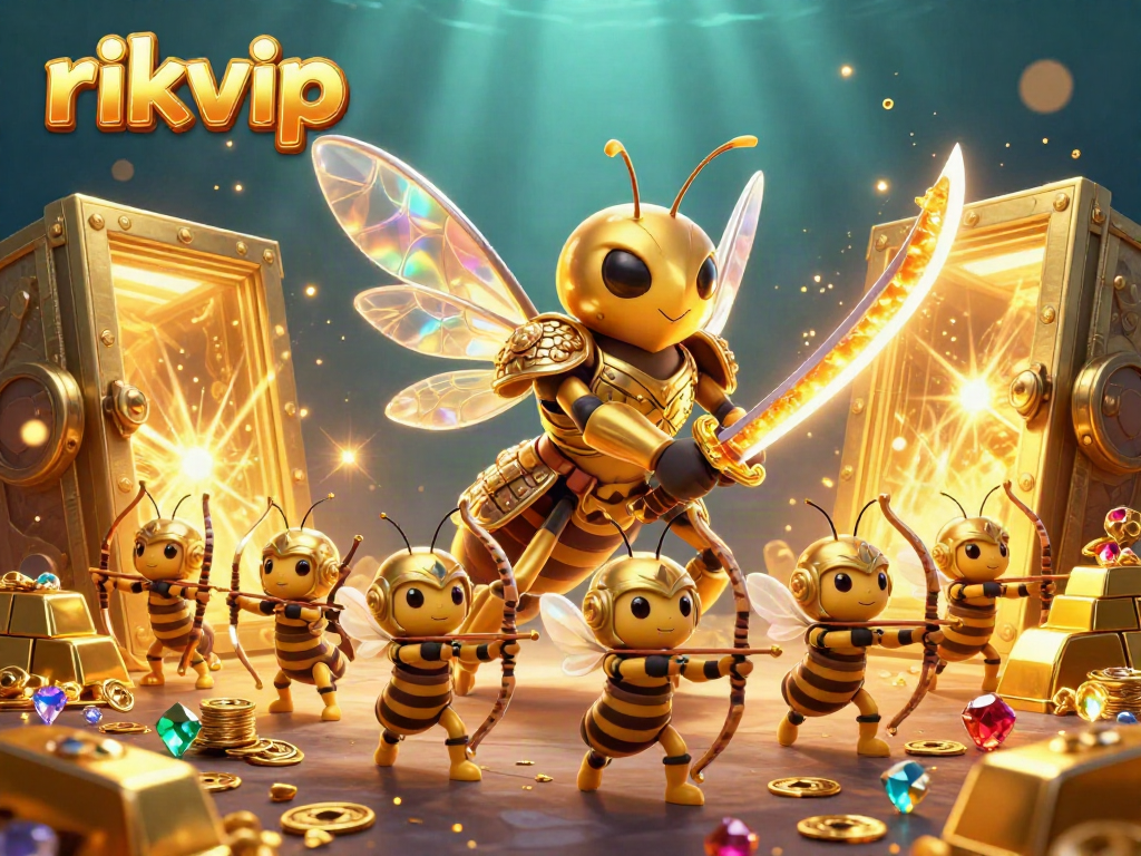 Experience thrilling gameplay at rikvip with a dynamic scene featuring a giant hornet samurai amidst treasure and gems.