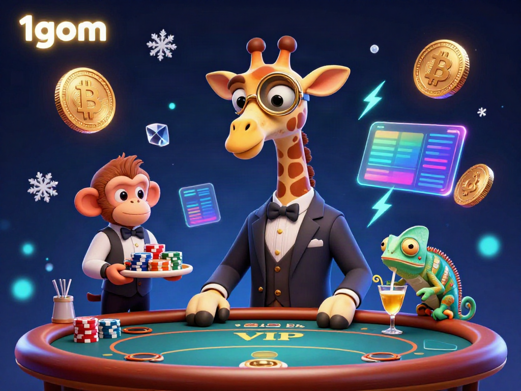 Engage with 1gom's vibrant casino scene featuring a high-roller giraffe, monkey valet, and chameleon bartender.