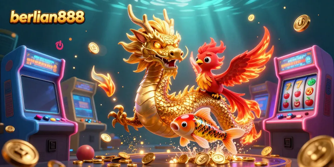 Berlian888 menampilkan naga emas yang garang dan phoenix merah, dikelilingi simbol permainan slot dan koin