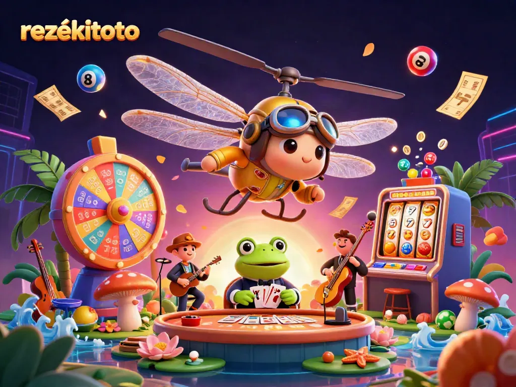Experience excitement with rezekitoto as a dragonfly casino pilot and lively frog croupier amid vibrant game action.