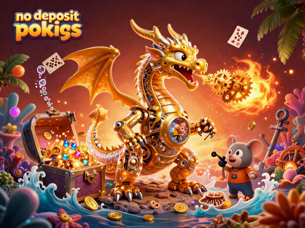 Win big with no deposit pokies in a vibrant 3D casino scene filled with treasures and excitement.