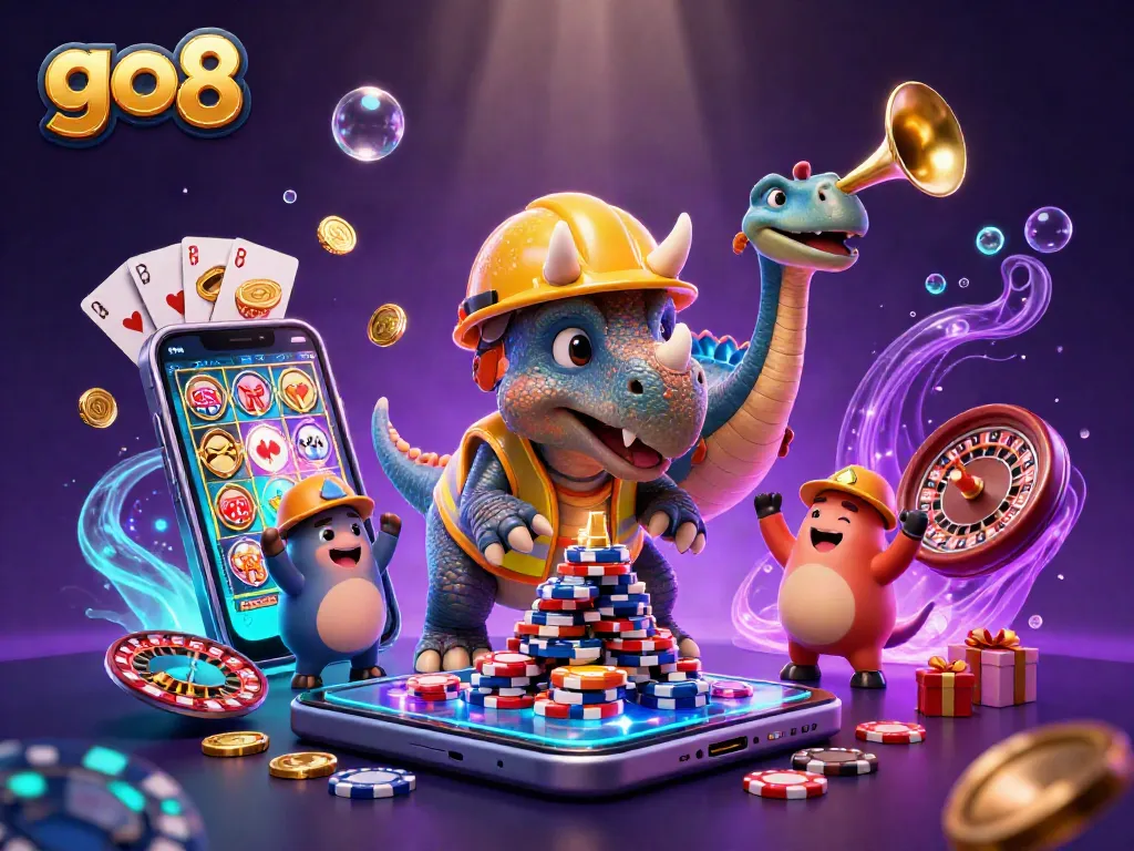 Engage in thrilling slots action with go8, featuring playful characters amidst vibrant casino elements.