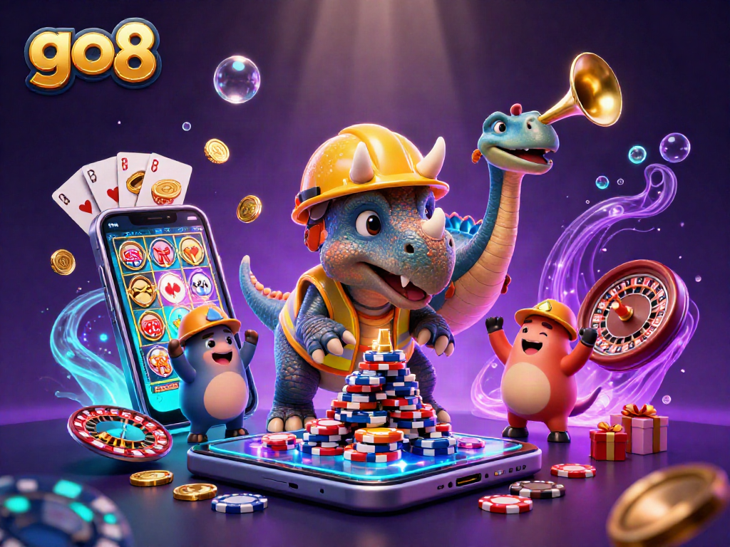 Engage in thrilling slots action with go8, featuring playful characters amidst vibrant casino elements.