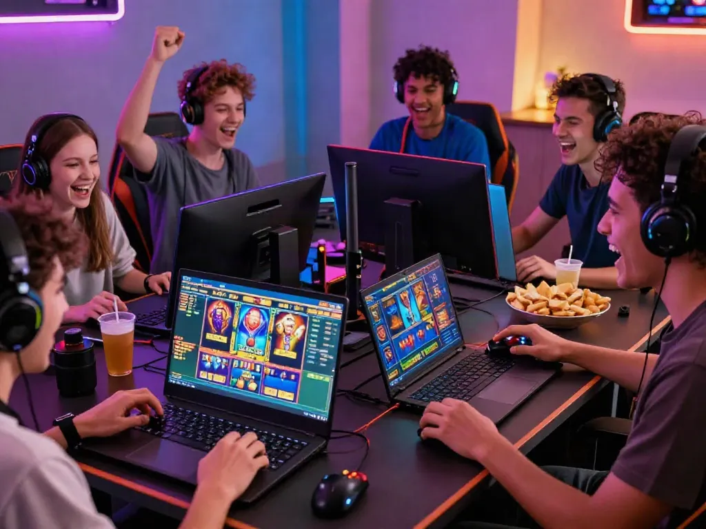 Engaging scene of friends enjoying link slot gacor games on multiple devices, showcasing a vibrant online gaming experience.