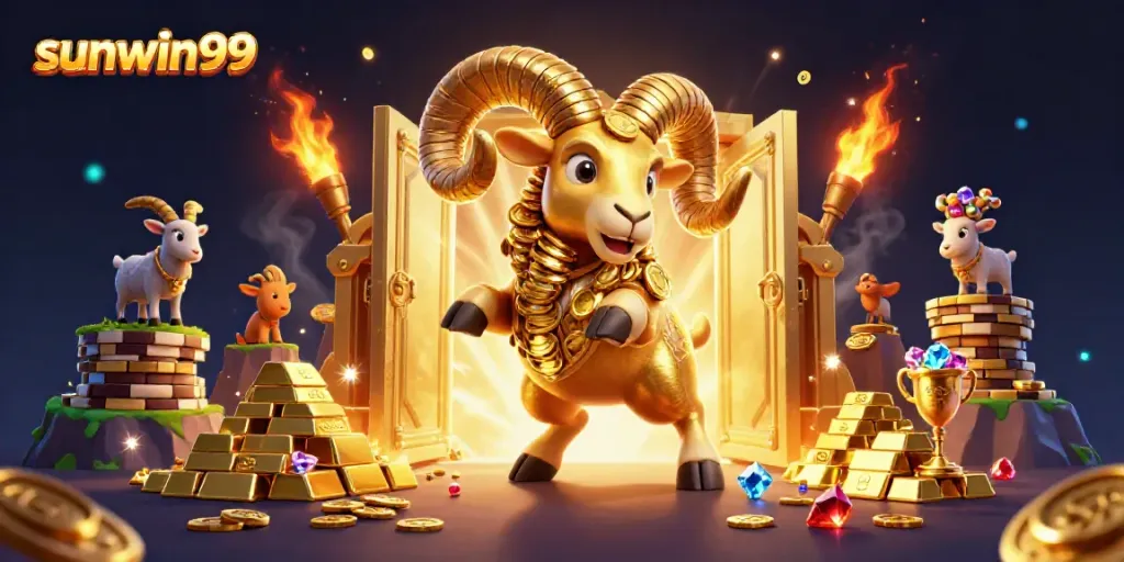 Experience the excitement of sunwin99 with a dynamic 3D illustration showcasing golden treasures and animated characters.