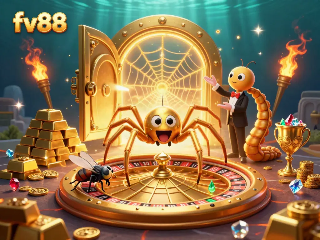 Engage in thrilling spins at fv88 with a golden roulette wheel and treasures shaping your jackpot dreams.