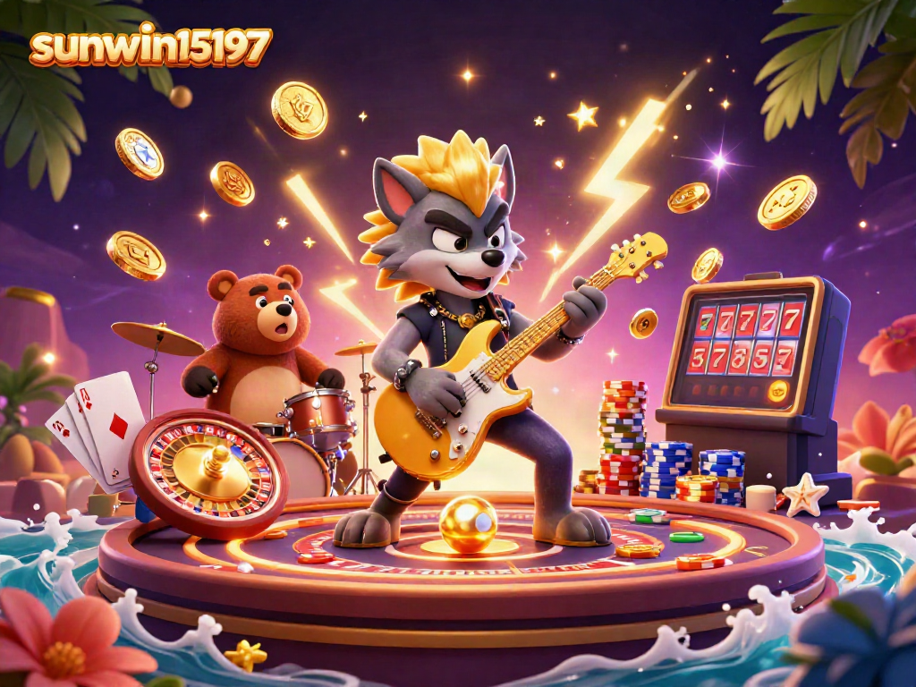 Experience the electrifying action at sunwin15197 with a wolf rock star and bear drummer surrounded by casino excitement.