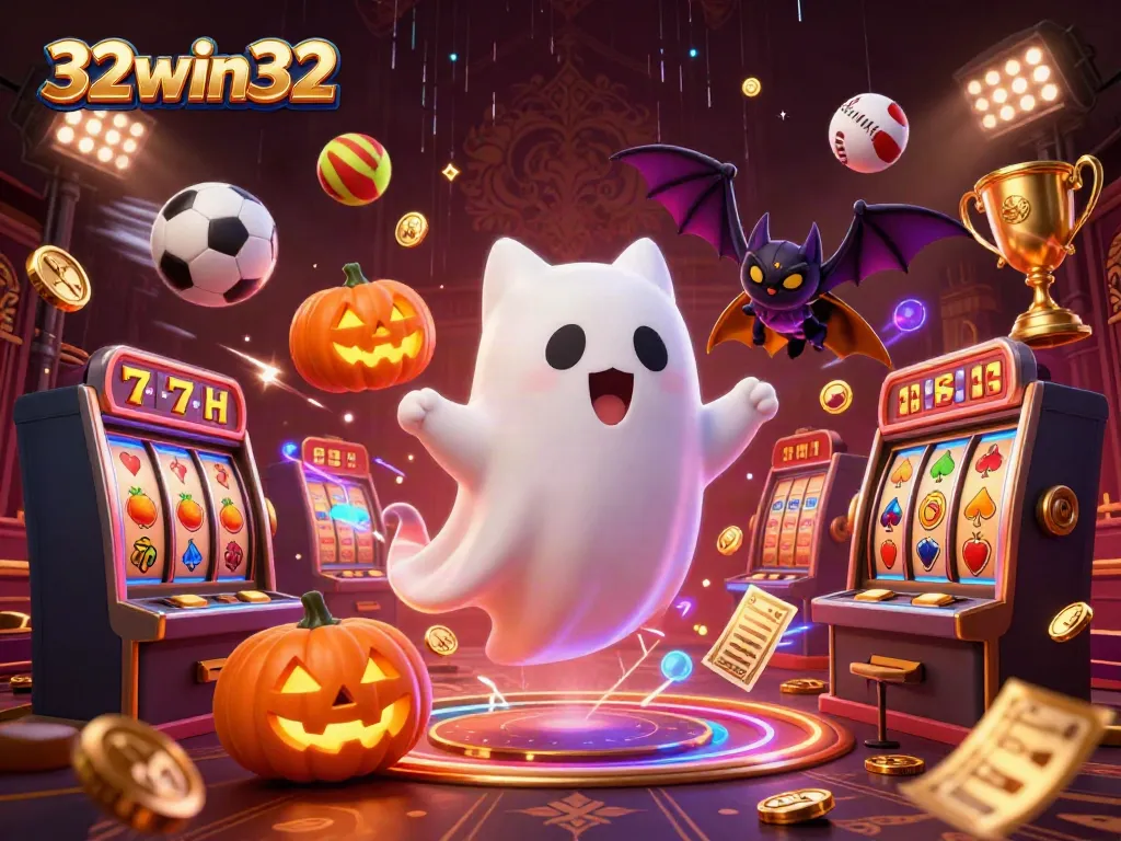 Experience thrilling gaming at 32win32 with a playful ghost cat and its vampire bat friend in a haunted casino scene.