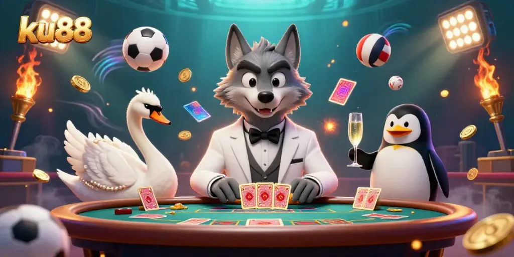 Engage in thrilling casino action with ku88 characters at a baccarat table.