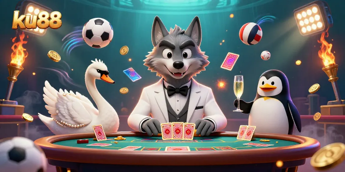 Engage in thrilling casino action with ku88 characters at a baccarat table.