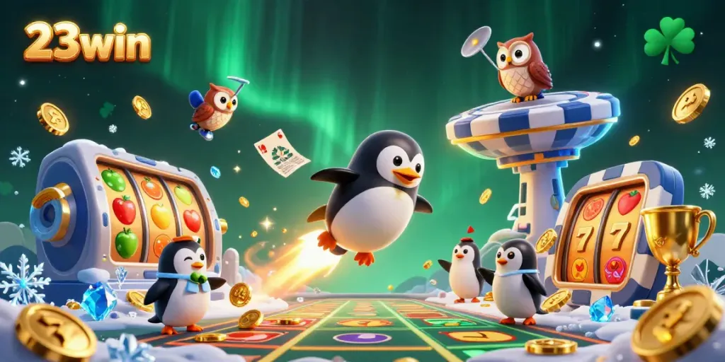 Experience thrilling slots with 23win in a 3D casino adventure featuring golden coins and a dynamic penguin.