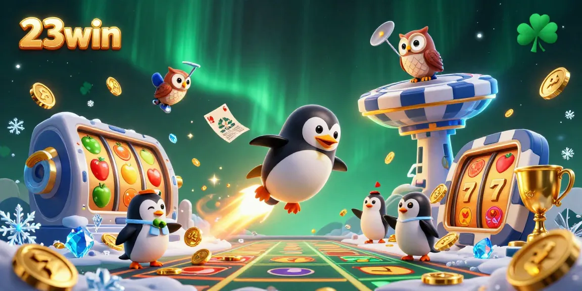 Experience thrilling slots with 23win in a 3D casino adventure featuring golden coins and a dynamic penguin.
