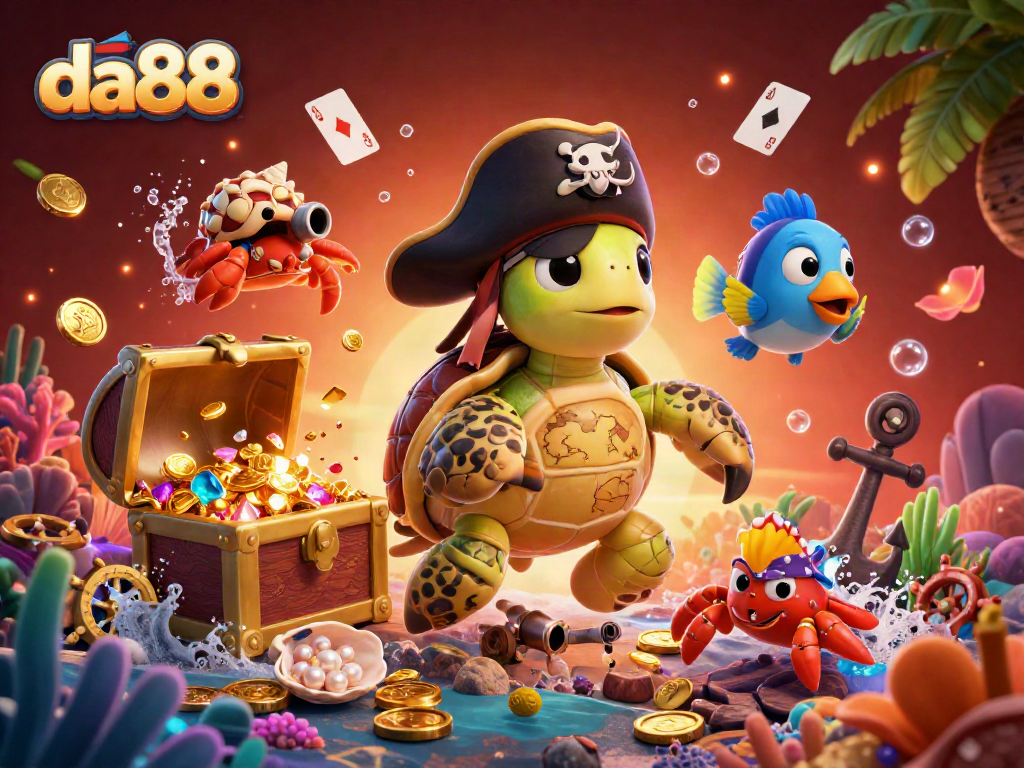 Experience the thrills of da88 with a vibrant underwater casino scene showcasing a pirate turtle and treasure.